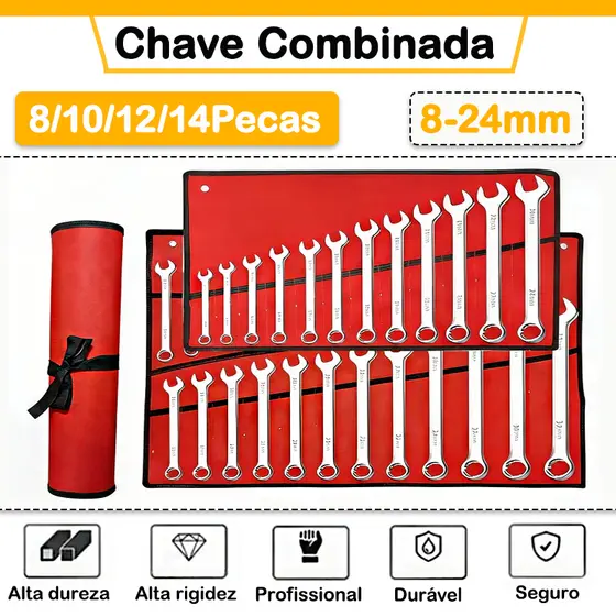 Jogo Chave Combinada Aço Cromo Vanádio Com 8-10-12 e 14 Peças De 8mm a 24mm Durável e Profissional