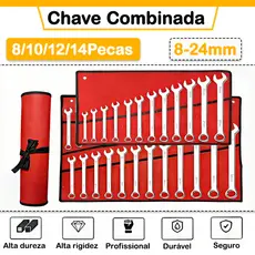 Jogo Chave Combinada Aço Cromo Vanádio Com 8-10-12 e 14 Peças De 8mm a 24mm Durável e Profissional