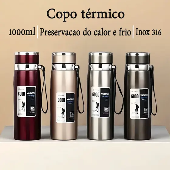 Garrafa 1000ml térmica Inox Parede Dupla vácuo Copo Com Infusor Prata De Água Café Com alca Quente & Frio