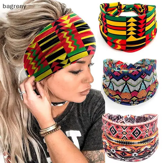 [bagreny] Moda Algodão Estiramento Padrão Africano Impressão Torção Estilo Elástico Faixa De Cabelo Larga Turbante Nó He