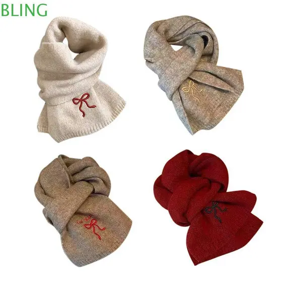 Aquecedor De Pescoço BLING , Cachecol Feminino Grosso De Cor Sólida , Lenço De Malha Bordado Com Laço Quente Ao Ar Livre