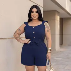 Macacão Feminino Macaquinho Curto Plus Size Laço Com Botões Elegante