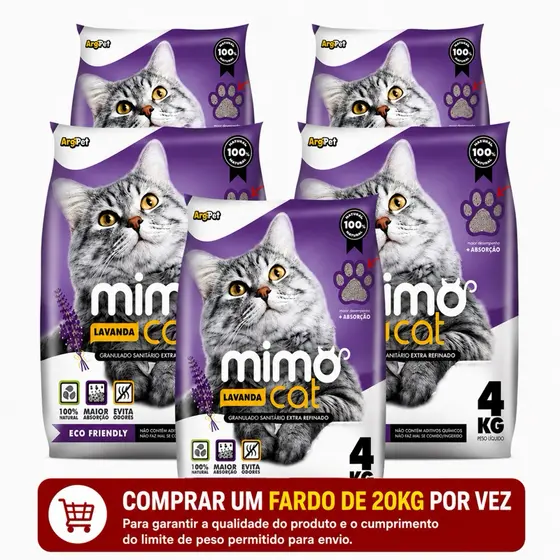 kit Areia para Gatos Mimo Cat Lavanda 20kg (5 Pacotes de 4kg) Controle de Odores