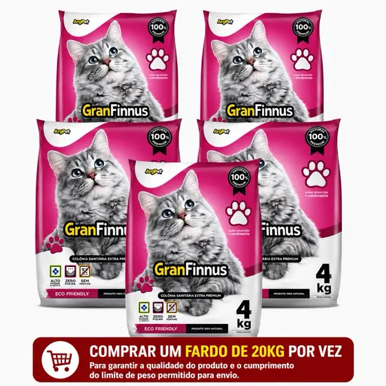 Kit 5 Areias Sanitárias  para Gatos - Mimo Cat GranFinnus - Antiodor, Alta Absorção 20kg