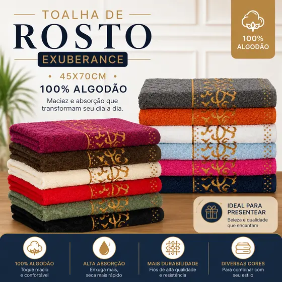 Kit 2 Toalha De Rosto 100% Algodão Exuberance 45X70Cm Maciez e Alta Absorção