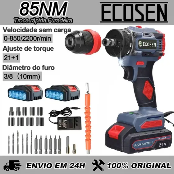 ECOSEN Parafusadeira Furadeira Sem Escovas 21V/16.8V Bivolt Kit com 2 Baterias, Torque 85N.m, 2200RPM