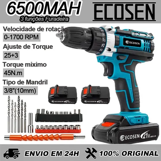 Furadeira Parafusadeira Kit 21V Sem Fio com 2 Baterias 6500mAh - 45N.m Torque, Para Madeira, Metal e Concreto