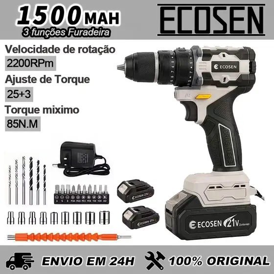Parafusadeira Furadeira 21V Sem Fio Kit Completo com 2 Baterias 1500mAh + Acessórios - 85N.m Torque, 25+3 March