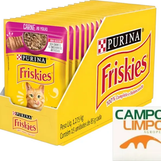 Sachê Friskies® carne ao Molho 85g | Purina - Caixa Fechada com 15 Unidades - Ração Úmida para Gato