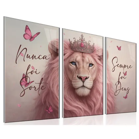 Quadro Decorativo 3 Peças Leão Rosa Borboleta Decoração Sala Quarto Escritório