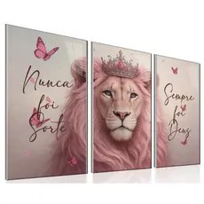 Quadro Decorativo 3 Peças Leão Rosa Borboleta Decoração Sala Quarto Escritório