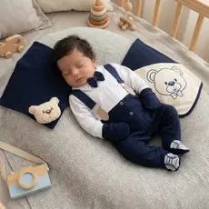 Saída Maternidade Menino Azul Marinho com Suspensório 100% Algodão Roupa Bebê Enxoval
