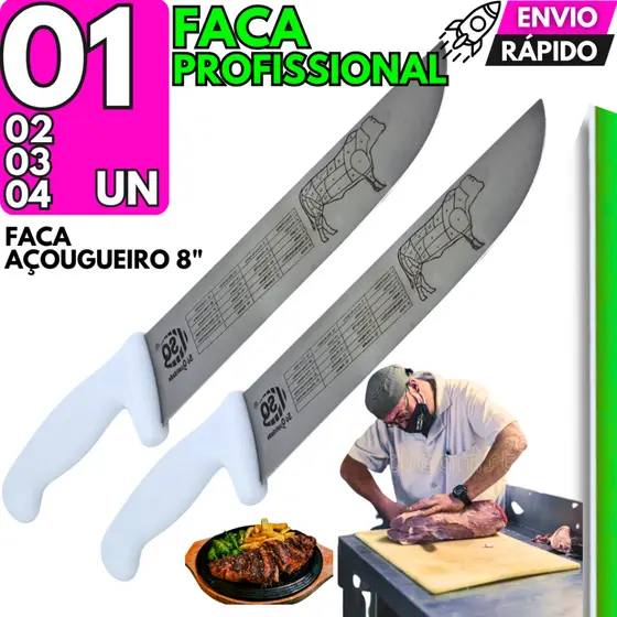Faca Churrasco Açougueiro Churrascaria 33cm 8 Pol Aço Inox Afiada Açougue