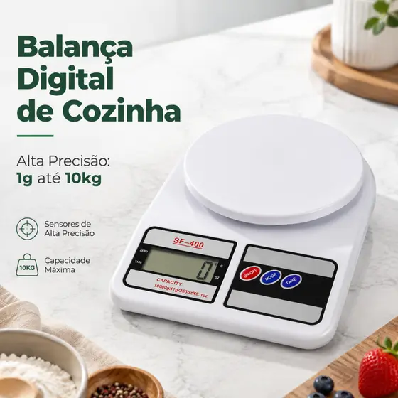 Balança Digital de Cozinha 10kg Alta Precisão Com Tara Dieta Fitness Receitas Confeitaria Nutrição Alimentos Portátil