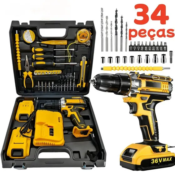 Parafusadeira Furadeira 36V 2 Bateria 3 funções de Elétrica Sem Fio Impacto Completo Acessórios