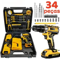 Parafusadeira Furadeira 36V 2 Bateria 3 funções de Elétrica Sem Fio Impacto Completo Acessórios