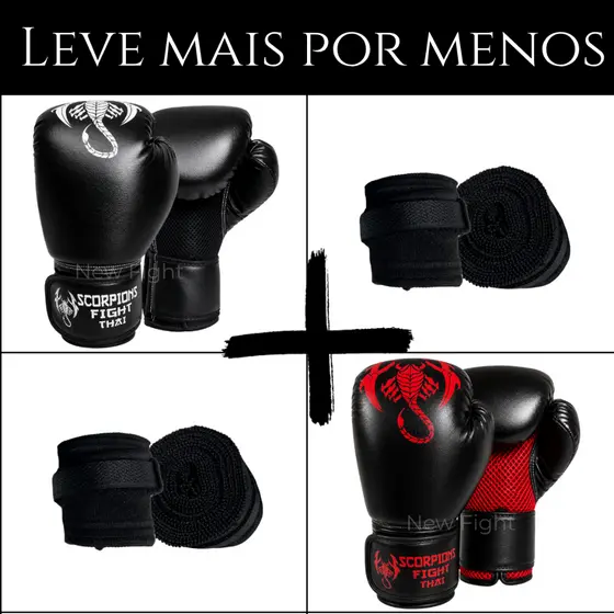 Dois Pares de Luvas Muay Thai Boxe  Kickboxing Treino Sparring Thai e Dois Pares de Bandagens 3 metros
