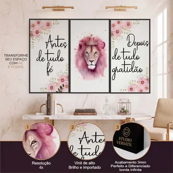 Kit 3 Peças de Quadros Decorativos Leão Rosa Coroa Fé Gratidão Quarto Sala Moderno Chique e Bonito
