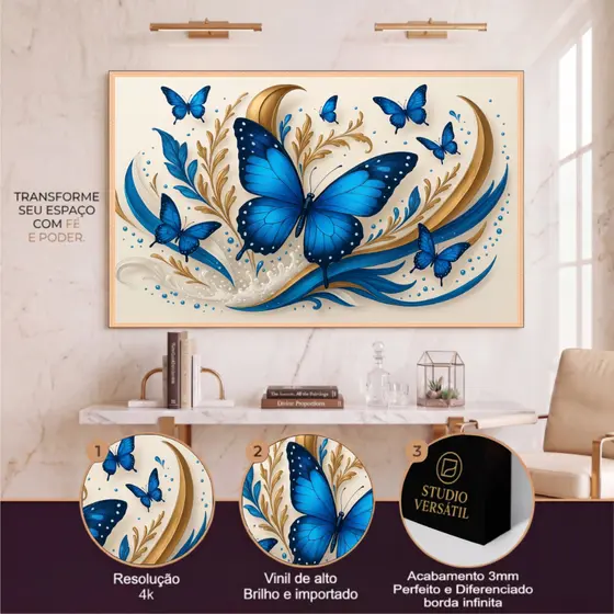Quadro Decorativo Borboletas Azuis Fluido Gold Fundo Mármore Branco Sala Quarto Elegante
