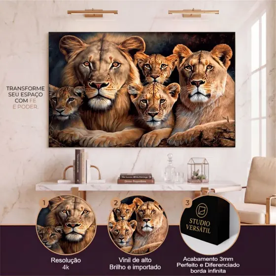 Quadro Decorativo Família Leão Leoa 3 Filhotes Arte Realista Sala Quarto Escritório