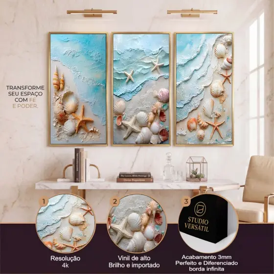 Kit 3 quadro decorativo mar concha estrela linda moderna em 4k sala quarto escritorio grande