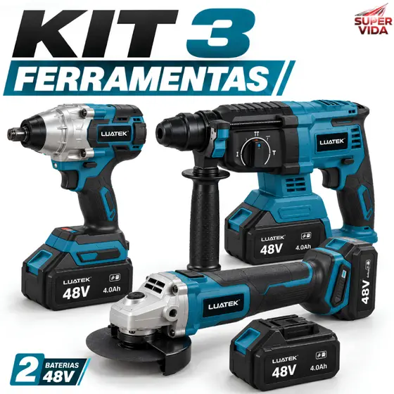 Jogo de Ferramentas Elétricas 3 em 1 Parafusadeira de Impacto Furadeira Esmerilhadeira 48V 4.0Ah-Luatek