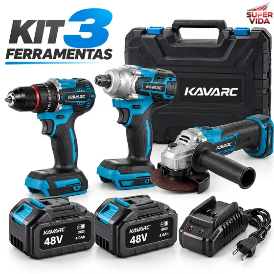 Kit Ferramentas Sem Fio Profissional 3 em 1 Parafusadeira Impacto Esmerilhadeira A Lítio 48V 2 Bat-Luatek