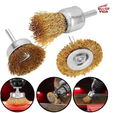 Jogo de Escova com 3 Peças 1 plana 50mm 2 copos 25 e 50mm para Furadeira Remover Ferrugem