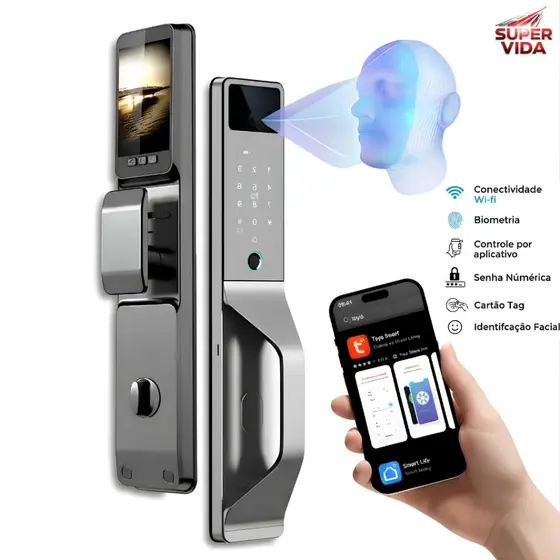 Fechadura Digital Reconhecimento Facial + Tuya App WiFi com Tela OLED,Impressão Digital e Alarme