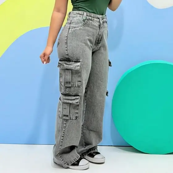 Calça Cargo Jeans Wide Grafite 4 Bolsos Feminina Infantil/Juvenil – Conforto e Estilo 08 ao 16 Menina