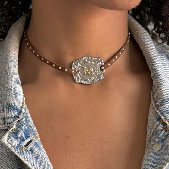 Colar choker feminina pingente fivela country personalizada com letra modelo Texas Boiadeira ajustável