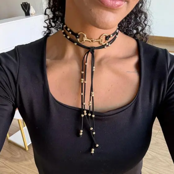 Colar longo gravatinha bridão dourado com bolinhas moda country western cowgirl boho estilo boiadeira courinho feminino