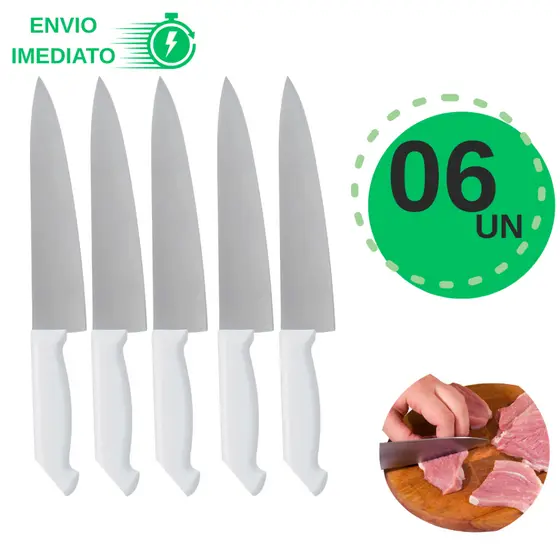 Faca de Carne Churrasco Kit 6 Unidades 8 Polegadas Aço Inox Super Afiada Cabo Ergonômico Profissional
