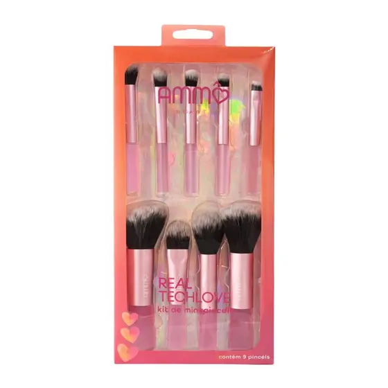 Kit de 9 Mini Pincéis Rosto e Olhos Ammô Beauty Tamanho Viagem Maquiagem Cerdas Macias Estojo