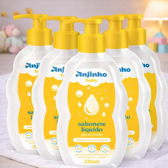 Sabonete Líquido Infantil Anjinho Baby Glicerinado 220ml – Hipoalergênico, Vegano, Limpeza Suave Sem Ressecar