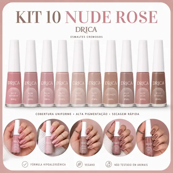 Kit 10 Esmaltes Cores Tons Nude e Rosa - Drica
