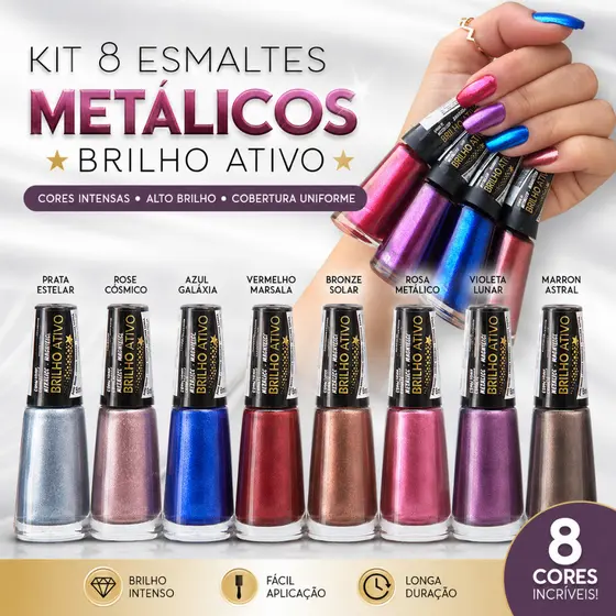 Kit 8 Esmaltes Metálicos Brilho Ativo 8ml Alta Cobertura