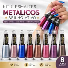 Kit 8 Esmaltes Metálicos Brilho Ativo 8ml Alta Cobertura