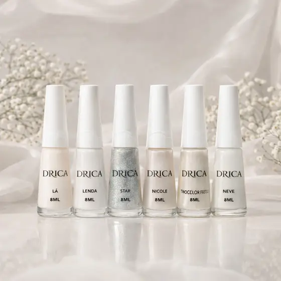 Kit 6 Esmaltes Francesinha DRICA 8ML Branco Perolado Glitter Profissional