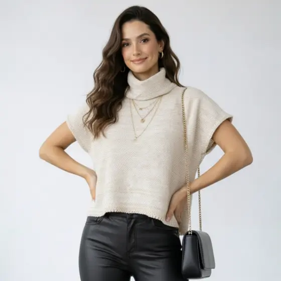 Blusa Feminina Tricot Manga Curta Gola Alta Suéter Inverno 100% Acrílico Elegante