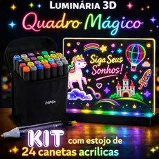 Luminária 3D Lousa Quadro Magico LED + 24 Canetas Acrílicas para Desenho e Pintura