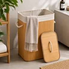 Cesto de Roupa suja Bambu 60 LITROS Dobrável Organizador com Revestimento Interno alta capacidade GRANDE