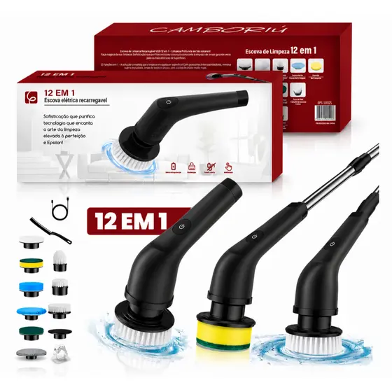 Escova de Limpeza Elétrica Portátil 12 em 1 com Cabo Epsilon Preto