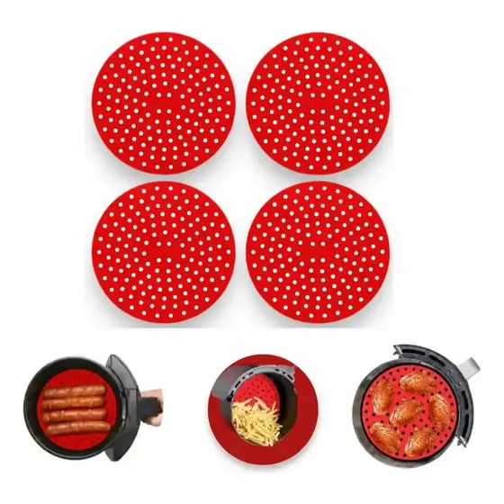 Kit 4 Tapetes de Silicone para Air Fryer 20cm Redondo Reutilizável Antiaderente Protetor de Cesto