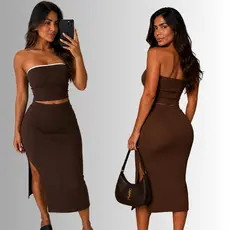 Conjunto Feminino Saia Midi e Top Tomara Que Caia Tecido Anarruga Zero Transparência Cropped Casual