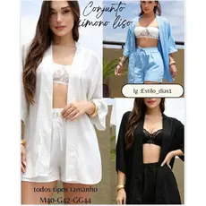 Conjunto Kimono Femenino lisa,Moda Verão blusa manga flare e short com bolso .Elegante M G GG