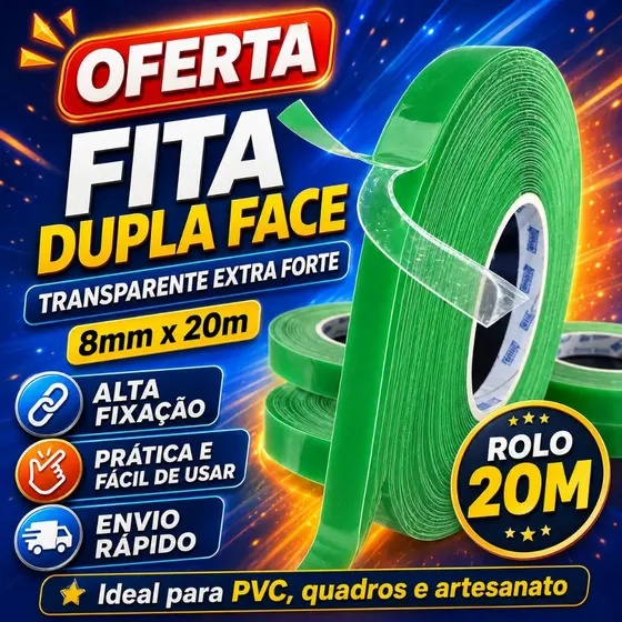 Fita Dupla Face Transparente Extra Forte 8mm x 20m Rolo Acrílica Para PVC Quadros Artesanato