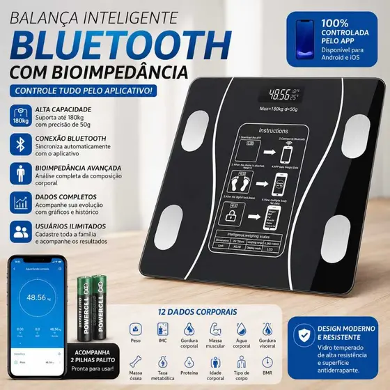 Balança Bioimpedancia Digital,com aplicativo, Bluetooth, Corporal e análise de umidade humana até 180kg,