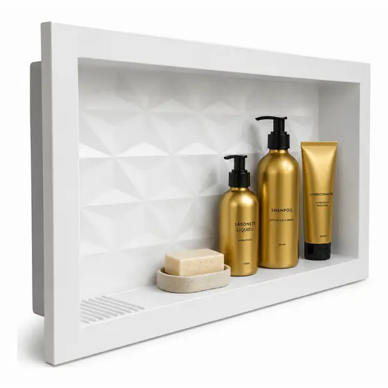 Nicho Para Banheiro Parede Porta Shampoo e Sabonete Embutir 30x60 Fundo 3D Cor Branco
