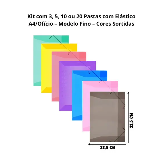 Kit com 3, 5, 10 ou 20 Pastas com Elástico e aba A4/Ofício ACP – Modelo Fino – Cores Sortidas